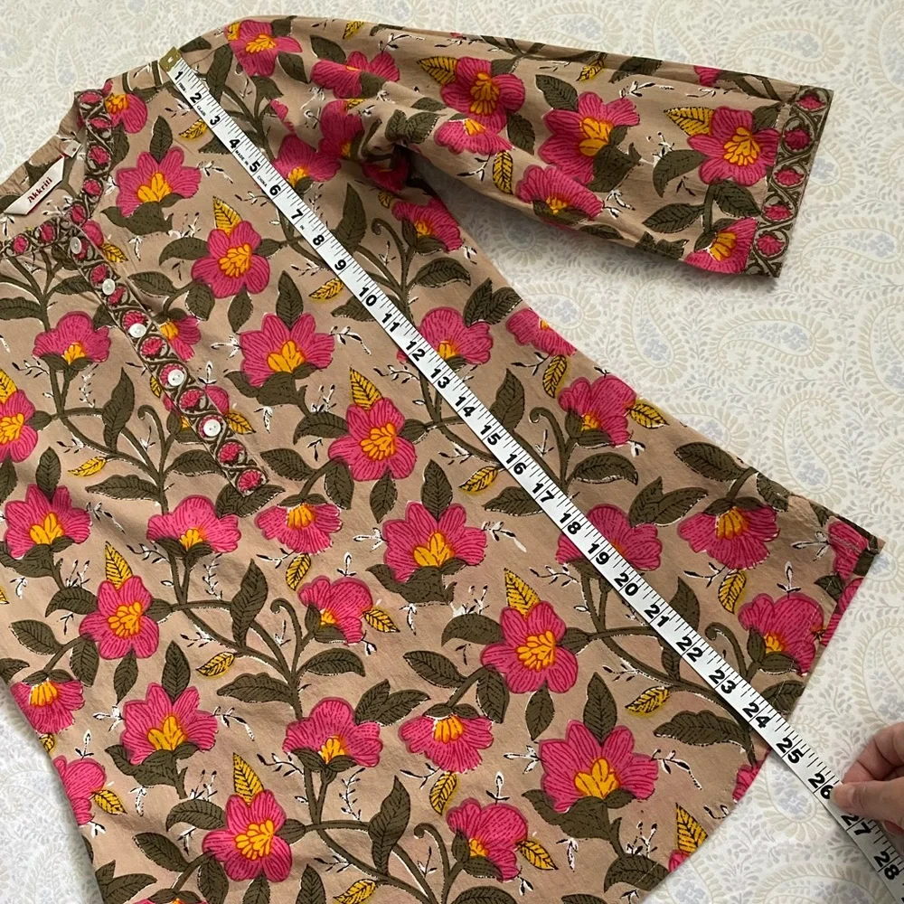 Akkriti 100% cotton floral blouse 3/4 sleeve, pink tan yellow - Picture 7 of 11